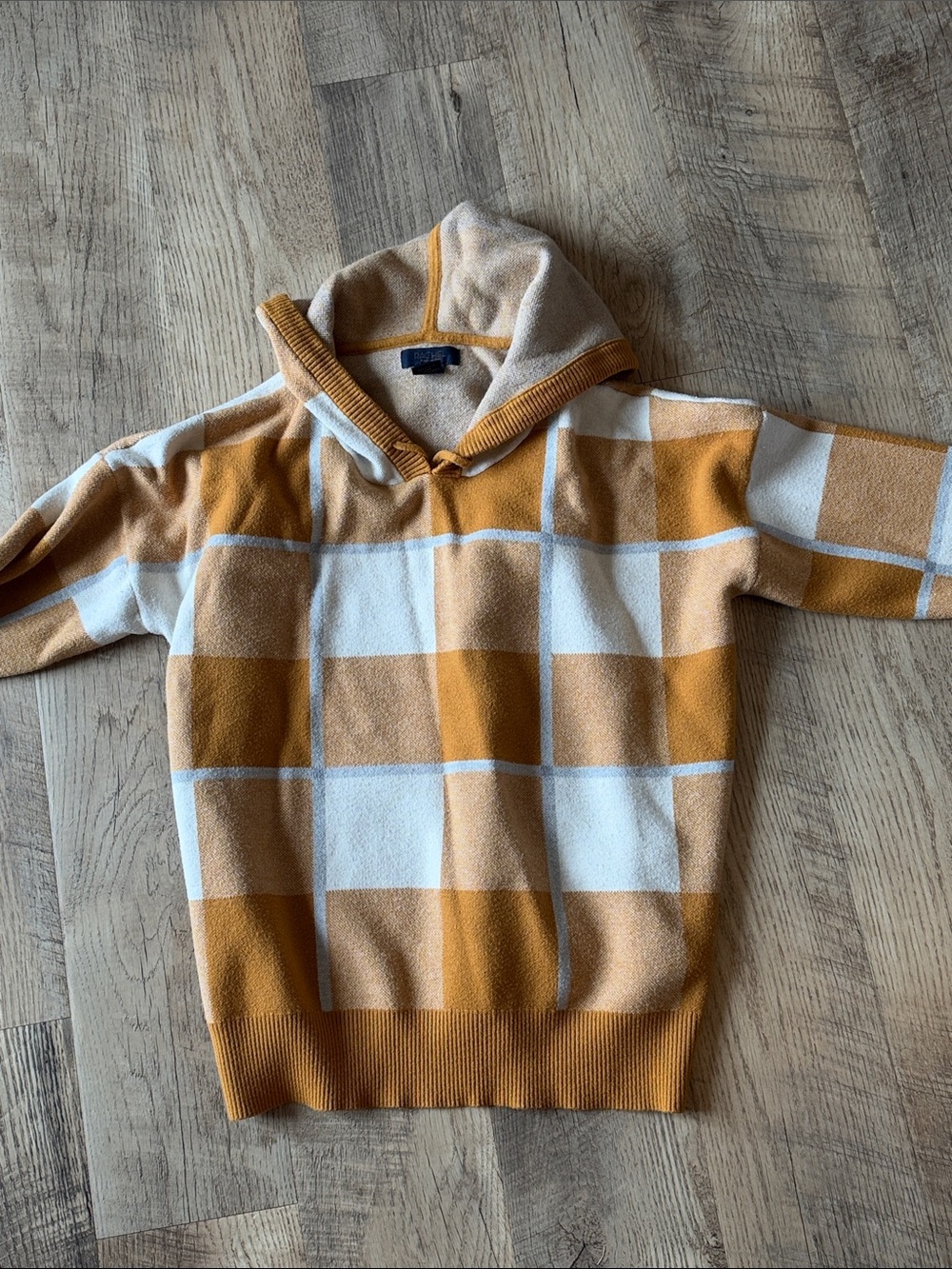 Women's Hooded Check Pullover Sweater in Mustard and Cream